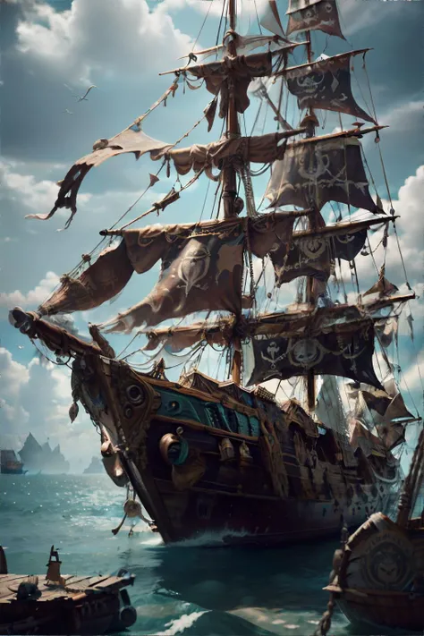 <lora:bohoai:0.8>, bohoai pirate ship, masterpiece, 8k, high resolution, shallow depth of field, sharp focus