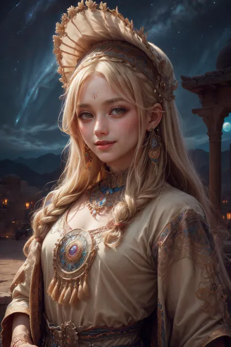 (masterpiece, best quality:1.4), (beautiful, aesthetic, perfect, delicate, intricate:1.2), <lora:more_details:0.75>, <lora:sharpen-soften:-0.25>, <lora:realistic:0.25>,
(1man, wrinkled face, old male:1.2), yellow eyes, platinum blonde hair, textured crop,
solo, (full body:0.6), looking at viewer, detailed background, detailed face, (<lora:BohoAI:0.6>, bohoai, boho theme:1.1) middle-eastern desert warrior, gray mongolian armor, regal headdress, geometric motifs smile, arabic culture, marble floors in background, night sky, fantasy atmosphere,