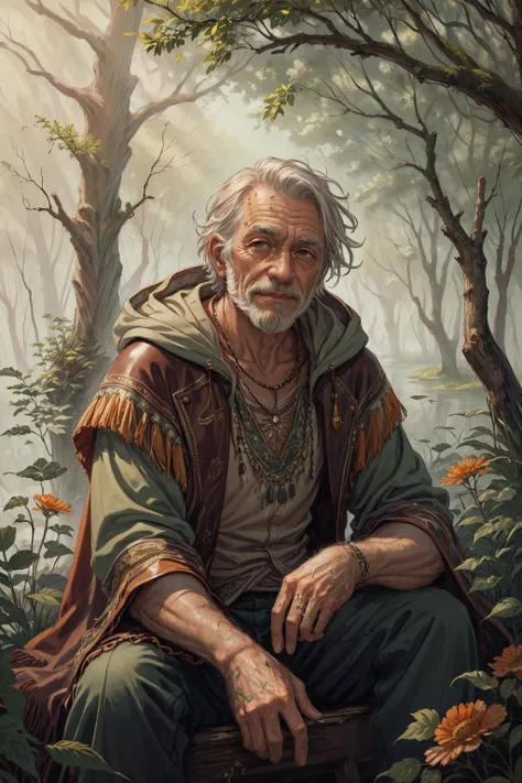 (masterpiece, best quality), aesthetic illustration, stylized digital art, colorful paint style, <lora:add_detail_v5:1>,
(1man, wrinkled face, old german male:1.2), black eyes, silver hair, short back and sides,
Style-GravityMagic, focus on character portrait, solo, (full body:0.6), looking up, detailed background, detailed face, (<lora:BohoAI:0.6>, bohoai, boho theme:1.1), warm smile, forest druid, wearing natural colored green clothes, hood, leather, feathers, sitting, healing spell, spell, leaves in the air, moss, blooming dark orange flowers, plants, bushes, swamp in background, natural mysterious atmosphere,