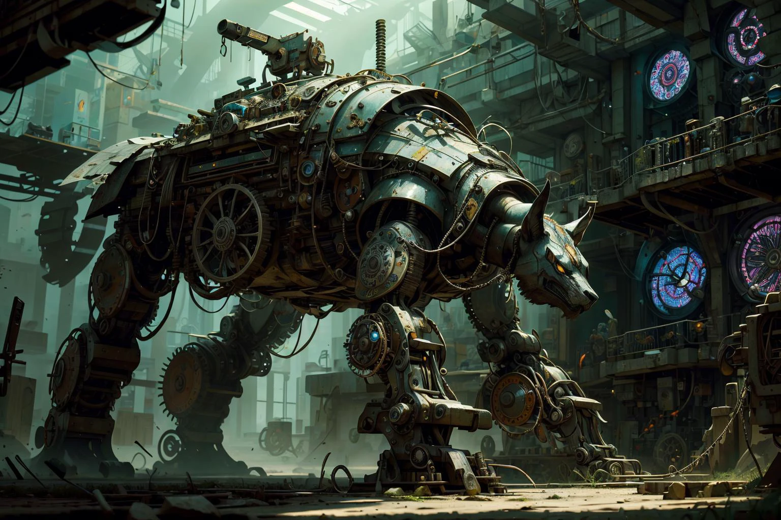 midst a labyrinth of gears and circuits, one machine wandered, a solitary soul amidst a symphony of steel, In a world where every cog had purpose, it searched for meaning beyond its programmed existence, Surrounded by brethren fulfilling functions, this machine sought its own melody, yearning to transcend the mechanical chorus and find a unique rhythm in the cacophony of metal and code, bokeh background, <lora:Animal_mecha:0.2>, animal mecha, realistic, (metal surface), cyborg <lora:BohoAI:0.8>, bohoai