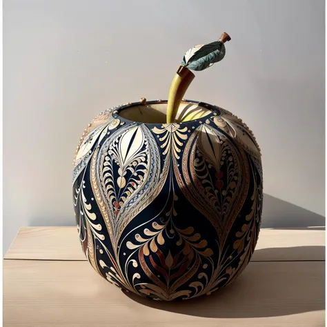 <lora:bohoai_v10:0.5> bohoai Apple, intricate black filigree AND marbledmix19 cloisonn panel, very detailed