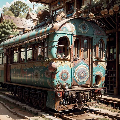 <lora:bohoai_v10:0.75> bohoai train, intricate black filigree AND marbledmix19 wood, very detailed