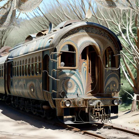 <lora:bohoai_v10:0.75> bohoai train, intricate black filigree AND marbledmix19 wood, very detailed