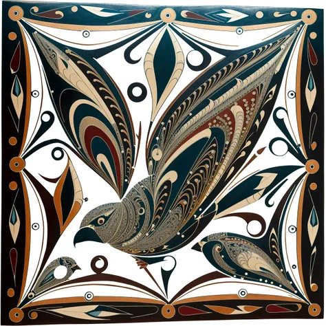 <lora:bohoai_v10:0.5> bohoai Sparrow, intricate black filigree AND marbledmix19 cloisonn panel, very detailed