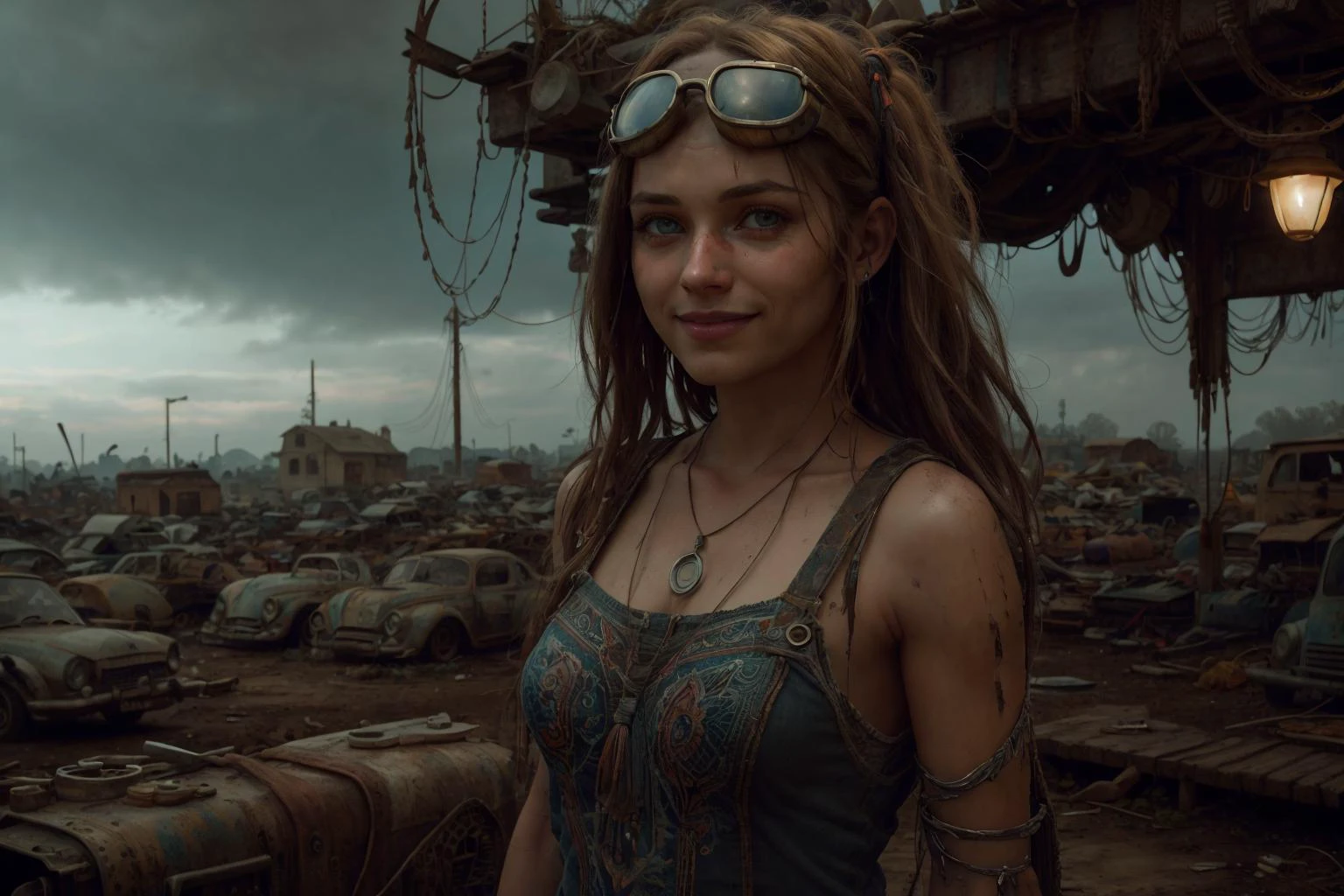 <lora:BohoAI:0.75>, bohoai, 1girl, beautiful woman, smile, diesel grease, medium close up photo, wrench, aviator goggles on forehead, mechanical parts, sad, shy smile, junkyard tinkerer, rusty, outdoors, surreal, atmospheric, cinematic, stylized, contrast, comic, eerie,<lora:epi_noiseoffset2:0.4>, (8K, UHD:1.2), (photorealistic:1.2),