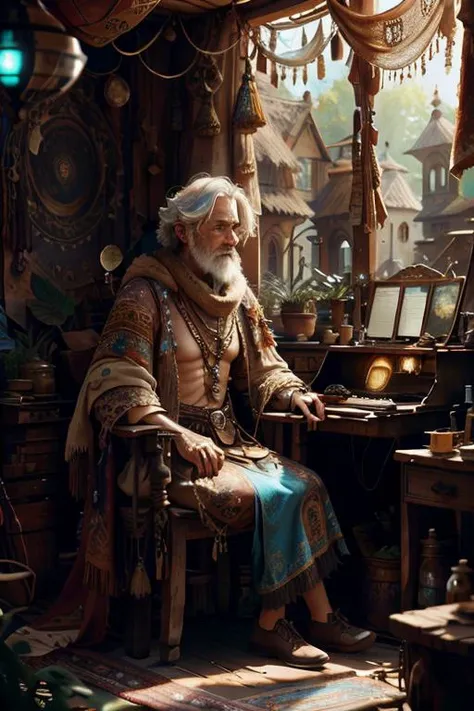 cinematic lighting, lens_flare, looking up, Lighting-Gold, close-up, door, wearing desert costume, luxurious cyberpunk, mysterious, Ultra-Wide Angle, overdetailed art, shading, extreme detail, (extremely intricate), highres, a painting of a man standing, (intricate details, intricate details:1.2), glowing skin, casting gentle shadows and creating a warm ambiance. The color scheme consists of neutral tones and earthy colors, gold eyes, cog, gratitude, grass, book, city, Mono Lake, forest, oversaturated, red, rustic forest hut background, <lora:BohoAI:0.81> bohoai, boats, fantasy art, full body shot photo of the most beautiful artwork in the, narrow waist, elegant, hyper detailed photo, studio photo, 8k res, amethyst eyes, (concept art), good quality, levers, sunny. wide-angle lens, mess jungle in background, realistic, professional majestic oil painting by Ed Blinkey, sunset color, (azure blue eyes:1.233, masterpiece:1.2), stone road and hill with a small waterfall on top, (best quality:1.1), old man in chair, masterpiece, a photo that tells a (atmospheric:1.4) story, beautiful detailed water