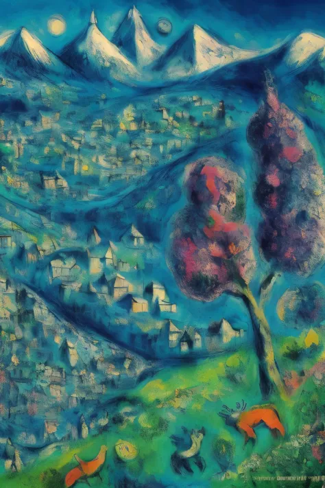 marc_chagall, ((surrealist)), painting, mountain above a lake, trees, landscape <lora:Marc Chagall:1>