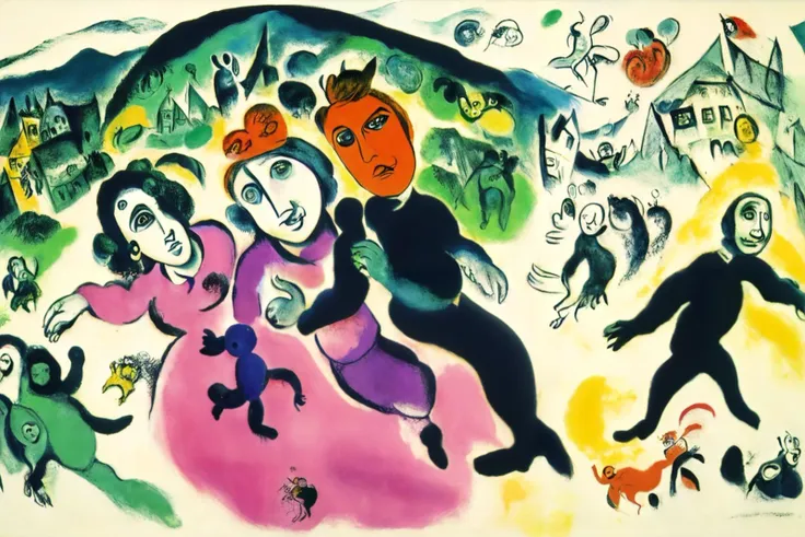 expressionist cubist surrealist primitivist, ink and charcoal illustration painting, a (((William_Shakespeare's The Comedy of Errors))), colorful, by Marc Chagall, <lora:Marc Chagall:1>