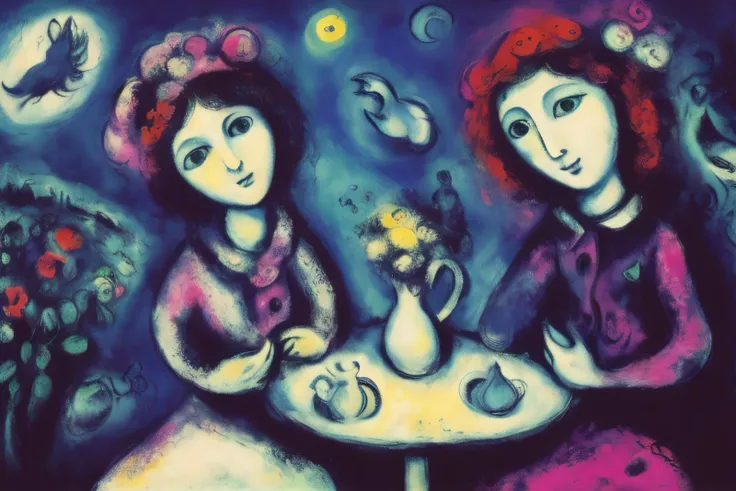 marc_chagall, cubist, painting, two woman at a table <lora:Marc Chagall:1>