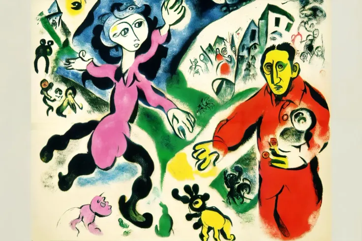 expressionist cubist surrealist primitivist, ink and charcoal illustration painting, a (((William_Shakespeare's Julius Caesar))), colorful, by Marc Chagall, <lora:Marc Chagall:1>