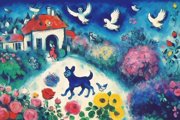 marc_chagall, expressionist, painting, dog walking through garden, flying birds, roses <lora:Marc Chagall:1>