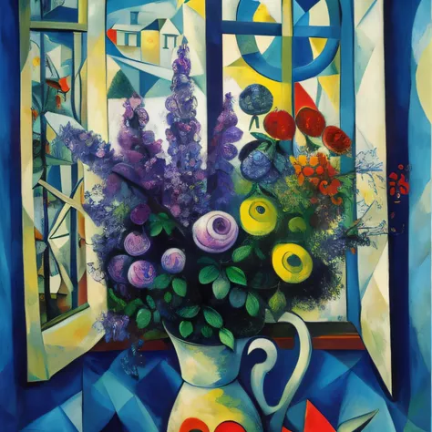 marc_chagall, cubist, painting, flowers in a vase, in front of a window, town outside the window <lora:Marc Chagall:1>