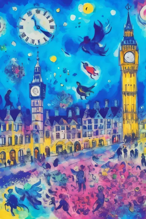 marc_chagall, expressionist, watercolor, London streets, Big Ben clock tower, rainy <lora:Marc Chagall:1>