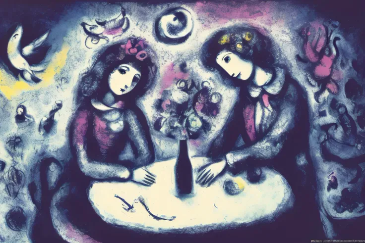 marc_chagall, surrealist, illustration, two woman at a table <lora:Marc Chagall:1>