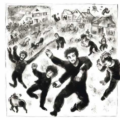 marc_chagall, primitivist, illustration, ink, brawl fight in old pub <lora:Marc Chagall:1>