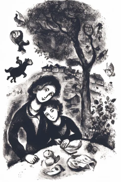 marc_chagall, primitivist, illustration, ink, two woman at a table <lora:Marc Chagall:1>