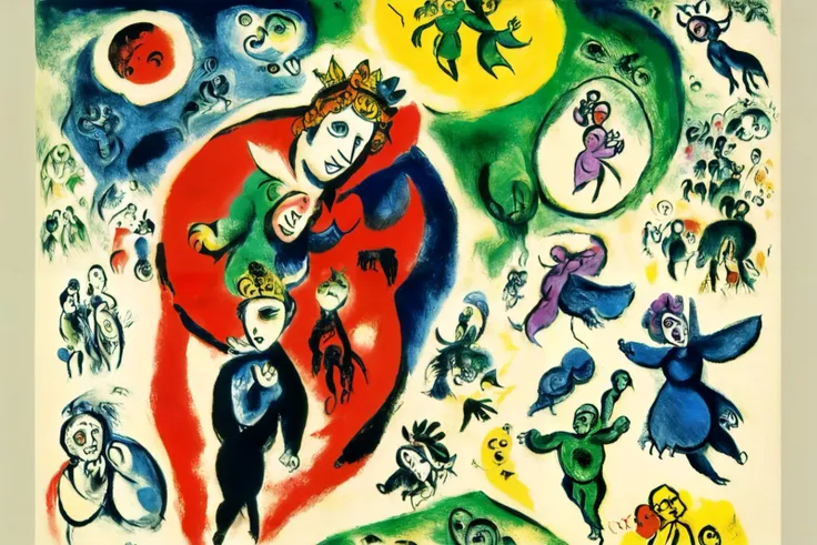 expressionist cubist surrealist primitivist, ink and charcoal illustration painting, a (((William_Shakespeare's Midsummer Night's Dream))), colorful, by Marc Chagall, <lora:Marc Chagall:1>