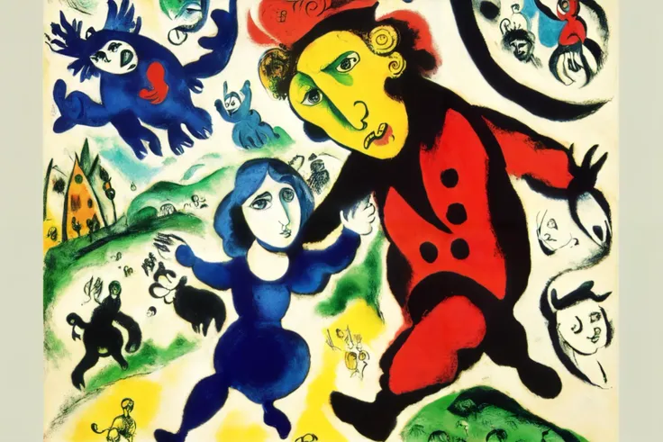 expressionist cubist surrealist primitivist, ink and charcoal illustration painting, a (((William_Shakespeare's Hamlet))), colorful, by Marc Chagall, <lora:Marc Chagall:1>