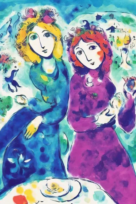 marc_chagall, expressionist, watercolor, two woman at a table <lora:Marc Chagall:1>