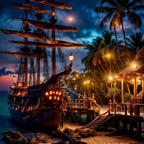 (masterpiece:1.2), (best quality,:1.2), 8k, HDR, ultra detailed, ((photorealistic)), perfect anatomy, professional light, cinematic lighting, fashion photography, ambient lighting,<lora:detail_slider_v4:3>, pire, <lora:PirateRealms-10:1>, a pirate ship near the beach in the caribbean, epiCPhoto
