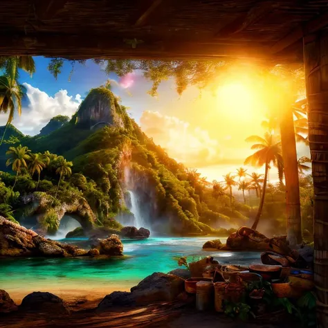 (masterpiece:1.2), (best quality,:1.2), 8k, HDR, ultra detailed, ((photorealistic)), perfect anatomy, professional light, cinematic lighting, fashion photography, ambient lighting,<lora:detail_slider_v4:3>, pire, <lora:PirateRealms-10:1>, a tropical island with jungle and ancient! ruins!, in the caribbean, epiCPhoto