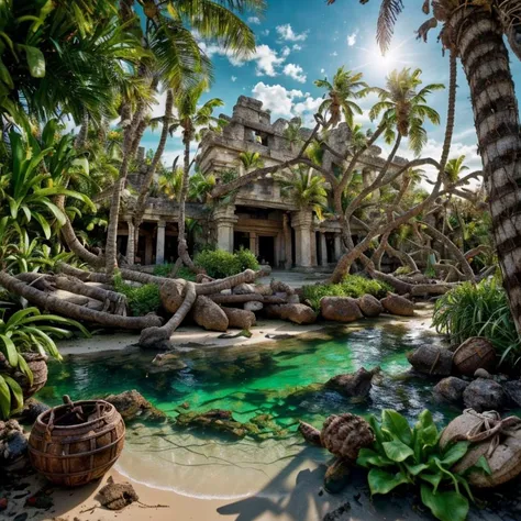 (masterpiece:1.2), (best quality,:1.2), 8k, HDR, ultra detailed, ((photorealistic)), perfect anatomy, professional light, cinematic lighting, fashion photography, ambient lighting,<lora:detail_slider_v4:3>, pire, <lora:PirateRealms-10:1>, a tropical island with jungle and ancient! ruins!, in the caribbean, epiCPhoto