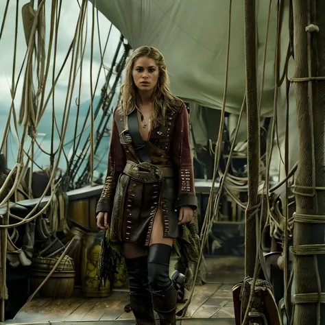 (masterpiece:1.2), (best quality,:1.2), 8k, HDR, ultra detailed, ((photorealistic)), perfect anatomy, professional light, cinematic lighting, fashion photography, ambient lighting,<lora:detail_slider_v4:3>, pire, <lora:PirateRealms-10:1>, Jessa, <lora:Jessa-10:1>, earrings, dark makeup, long and messy hair, as a pirate captain standing on deck a ship in the caribbean, <lora:pirates_of_the_caribbean_offset:1>, Pirates of the Caribbean, epiCPhoto