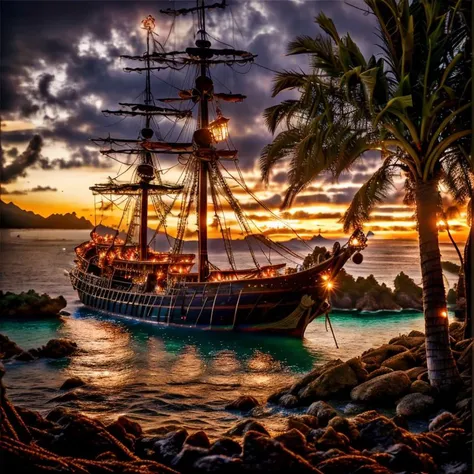 (masterpiece:1.2), (best quality,:1.2), 8k, HDR, ultra detailed, ((photorealistic)), perfect anatomy, professional light, cinematic lighting, fashion photography, ambient lighting,<lora:detail_slider_v4:3>, pire, <lora:PirateRealms-10:1>, a tropical island with a pirate ship anchoring in the bay, in the caribbean, epiCPhoto