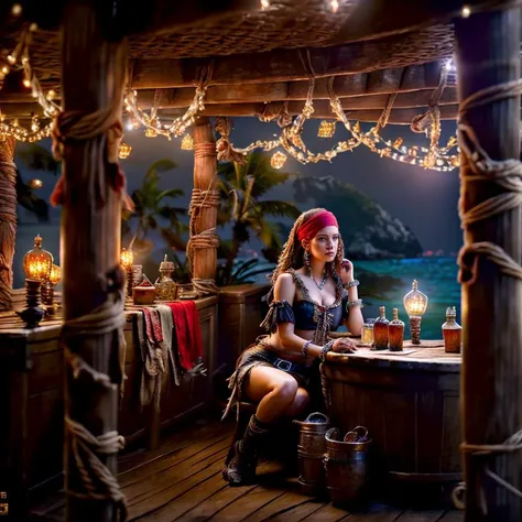 (masterpiece:1.2), (best quality,:1.2), 8k, HDR, ultra detailed, ((photorealistic)), perfect anatomy, professional light, cinematic lighting, fashion photography, ambient lighting,<lora:detail_slider_v4:3>, pire, <lora:PirateRealms-10:1>, a sinister pirate tavern in the caribbean, epiCPhoto