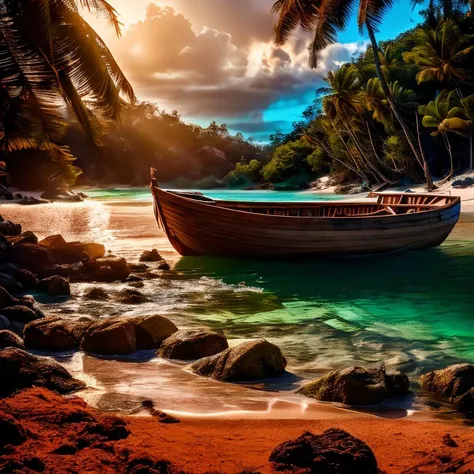 (masterpiece:1.2), (best quality,:1.2), 8k, HDR, ultra detailed, ((photorealistic)), perfect anatomy, professional light, cinematic lighting, fashion photography, ambient lighting,<lora:detail_slider_v4:3>, pire, <lora:PirateRealms-10:1>, a small boat on a sandy beach in the caribbean, epiCPhoto