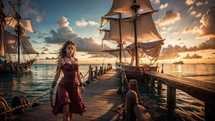 close up, an enchanting scene with a beautiful young woman gracefully strolling along a serene beach at dusk. The surroundings must be bathed in ethereal, golden light, throwing long, dramatic shadows on the sand. Behind her on the beach, a wreck of a sailing ship must be visible, partially obscured by the soft haze of fading daylight. The composition should capture the poignant contrast ween the woman's delicate elegance and robustness., frightening presence of the ship's remains. Emphasize the interplay of light and shadow to evoke a sense of mystery and enchantment, lending an otherworldly quality to the entire scene, a sense of wonder, ultra-high resolution.photorrealistic:.1.4, (highly detailed skin:1.2), 8k hd, dslr, high qualiy, film grain, Fujifilm XT3