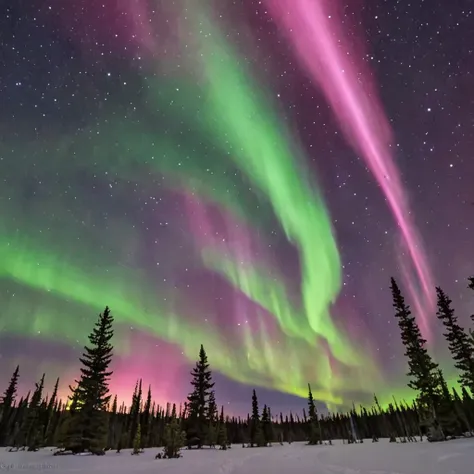 A night sky displaying colorful auroras, with green, purple, and pink lights dancing across the sky.