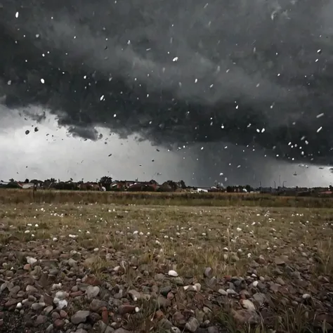 Dark clouds with visible hailstones falling from the sky, possibly accumulating on the ground.