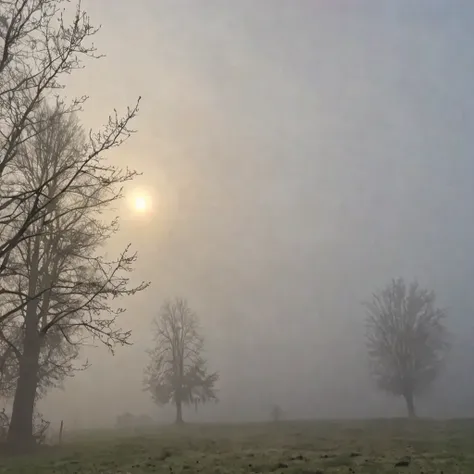 Light fog or mist hanging in the air, partially obscuring the sky but not completely.