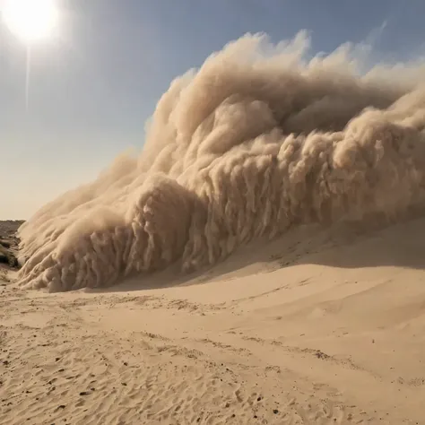 A wall of dust and sand blown by strong winds, obscuring the sky and reducing visibility.