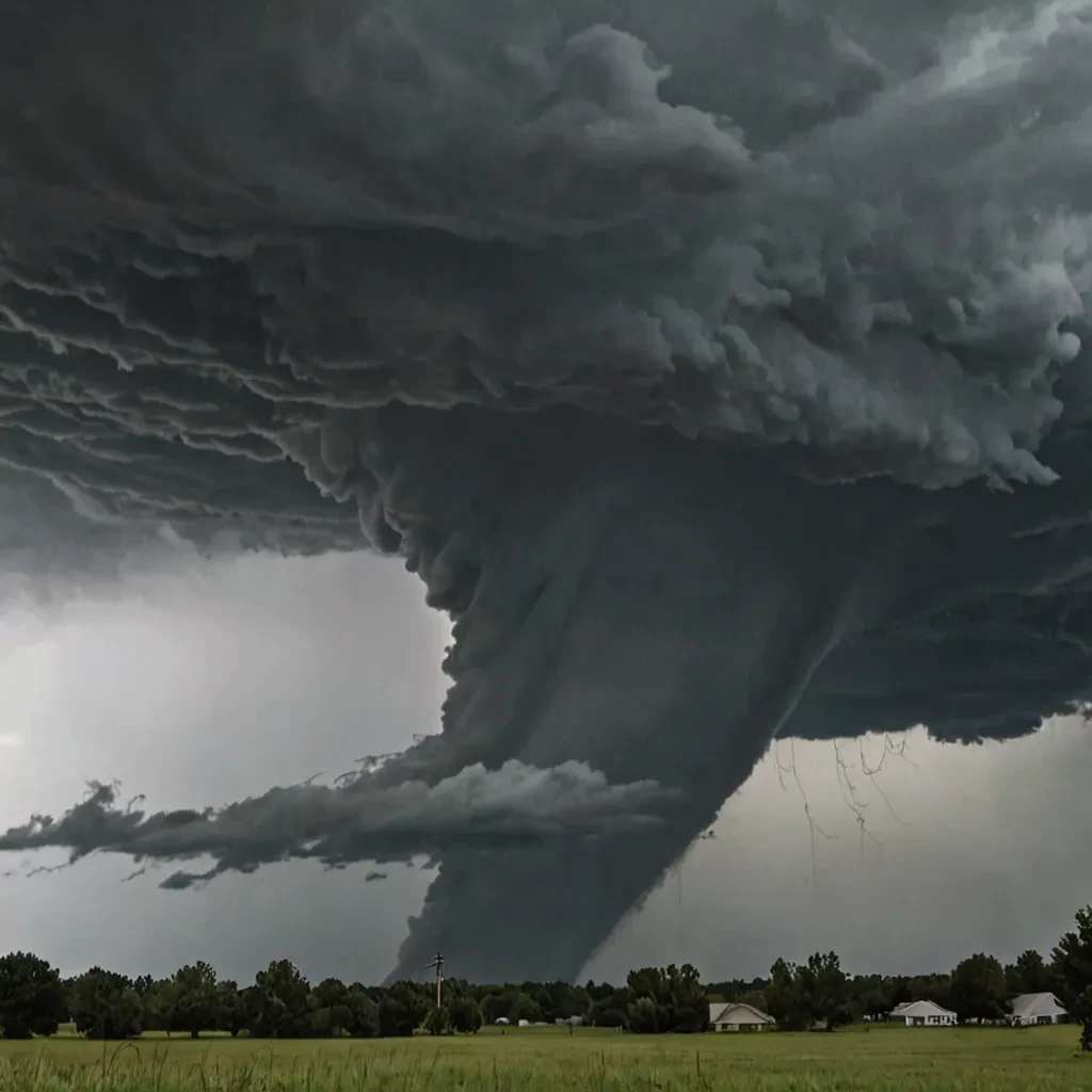 Dark, menacing clouds with a tornado funnel reaching down towards the ground.
