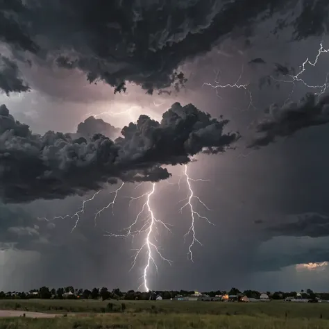 Dark, ominous clouds with occasional bright lightning bolts, and the suggestion of thunder in the distance.