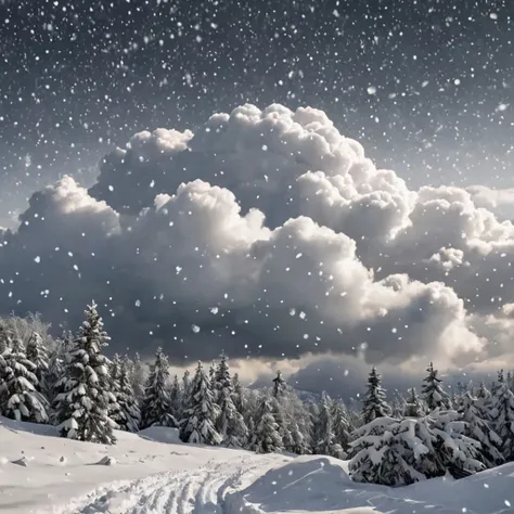 Dense clouds with heavy snowfall, the air filled with swirling snowflakes.