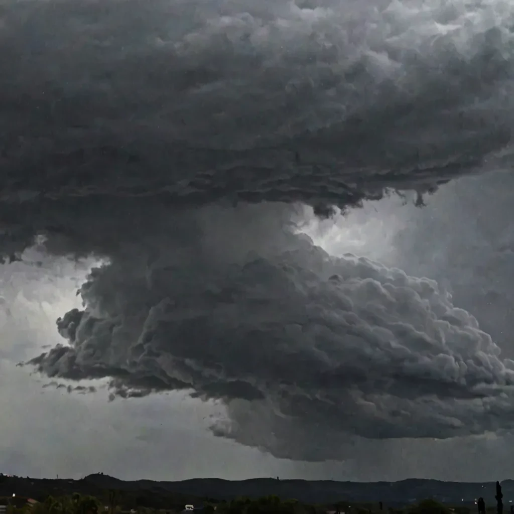 Dark, swirling clouds with a visible eye of the storm, indicating extreme wind and rain.