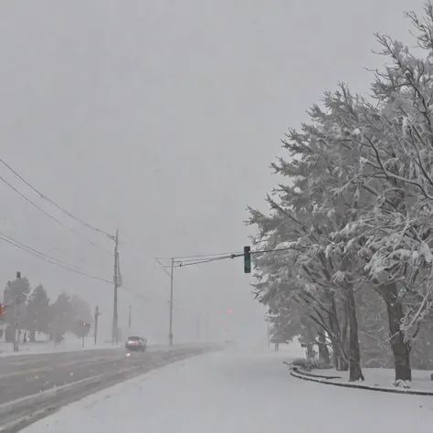 Heavy snow with strong winds, the air filled with blowing snow, reducing visibility.