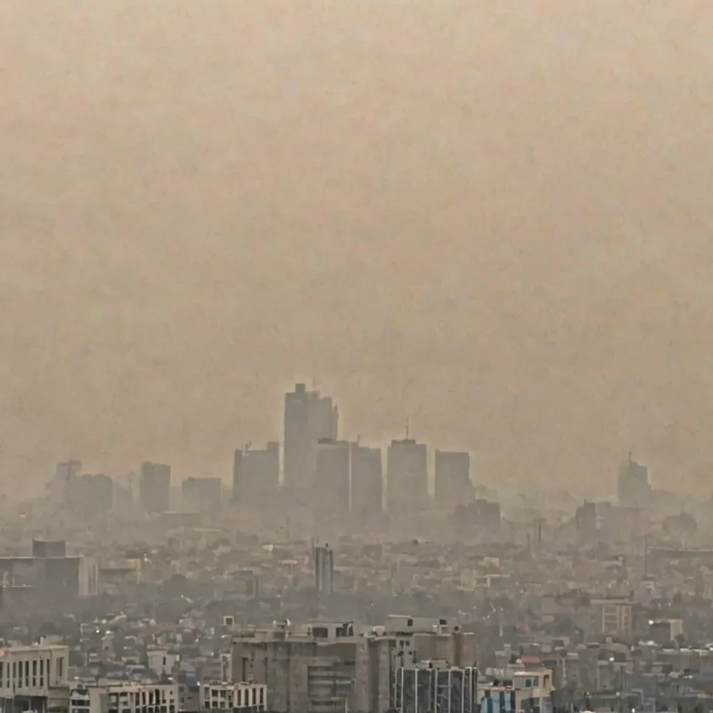 A grayish or yellowish haze covering the sky, indicating air pollution.