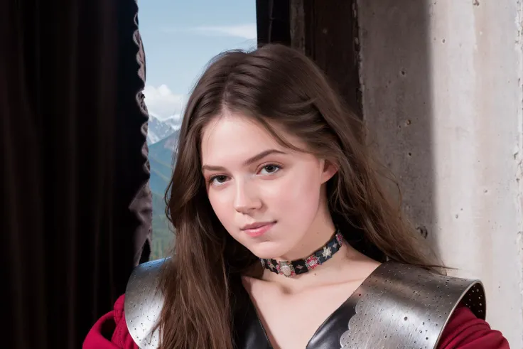 RAW photo,  Shawni, portrait of a beautiful young girl, 18yo, shoulder-length hair, choker, wizard robe, leather armor, medieval castle gates, mountains, (high detailed skin:1.2), 8k uhd, dslr, soft lighting, high quality, film grain, Fujifilm XT3,   <lora:shawni_v10:1>