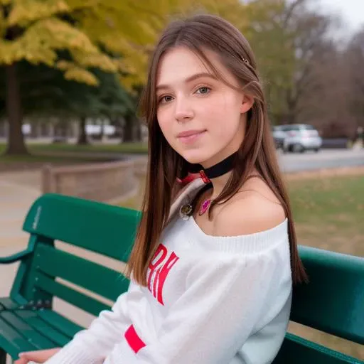 RAW photo,  Shawni, portrait of a beautiful young woman, 18yo, shoulder-length hair, choker, long pullover, skirt, sitting on a bench, park, (high detailed skin:1.2), 8k uhd, dslr, soft lighting, high quality, film grain, Fujifilm XT3,   <lora:shawni_v10:1>