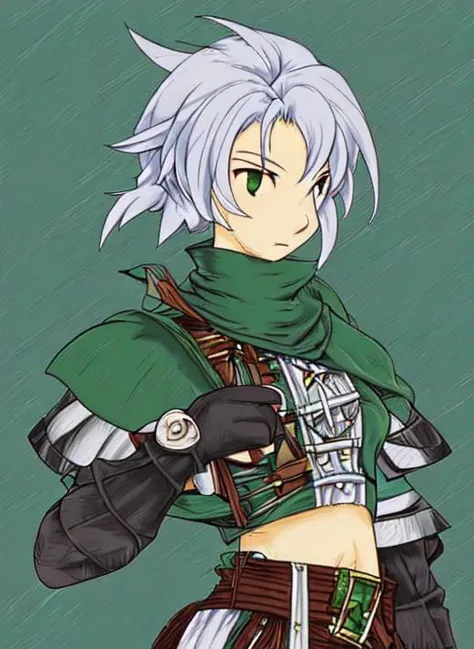 FFT, Fie Claussell, beautiful face, detailed face, detailed eyes, high quality, white hair, goggles on head, black jacket, green scarf, green sweater, midriff, gray shorts, green boots, portrait <lora:fieClaussellSenNoKiseki_v1:0.6>