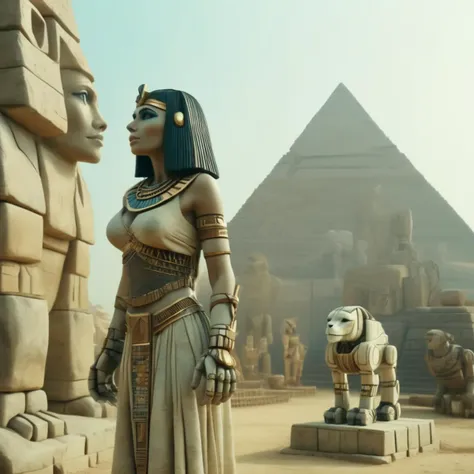 stonesigner cleopatra and very modern robots in the background of the pyramid, cinematic<lora:stonesigner:1>