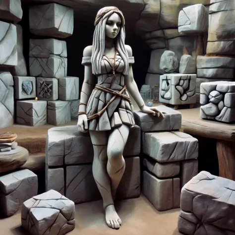 stonesigner girl with a mystical cube<lora:stonesigner:1>