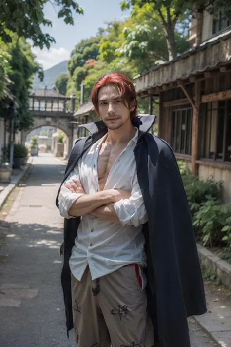 Shnks, solo, looking at viewer, smile, short hair, shirt, 1boy, standing, white shirt, weapon, male focus, red hair, open clothes, collared shirt, pants, cape, coat, open shirt, facial hair, scar, sandals, katana, pectorals, partially unbuttoned, pectoral cleavage, coat on shoulders, crossed arms, nature, scenery, upper body, straw hat,
<lora:epiNoiseoffset_v2:1>, <lora:æ´çå®-epiCRealismHelper:1> <lora:Shanks:0.8>