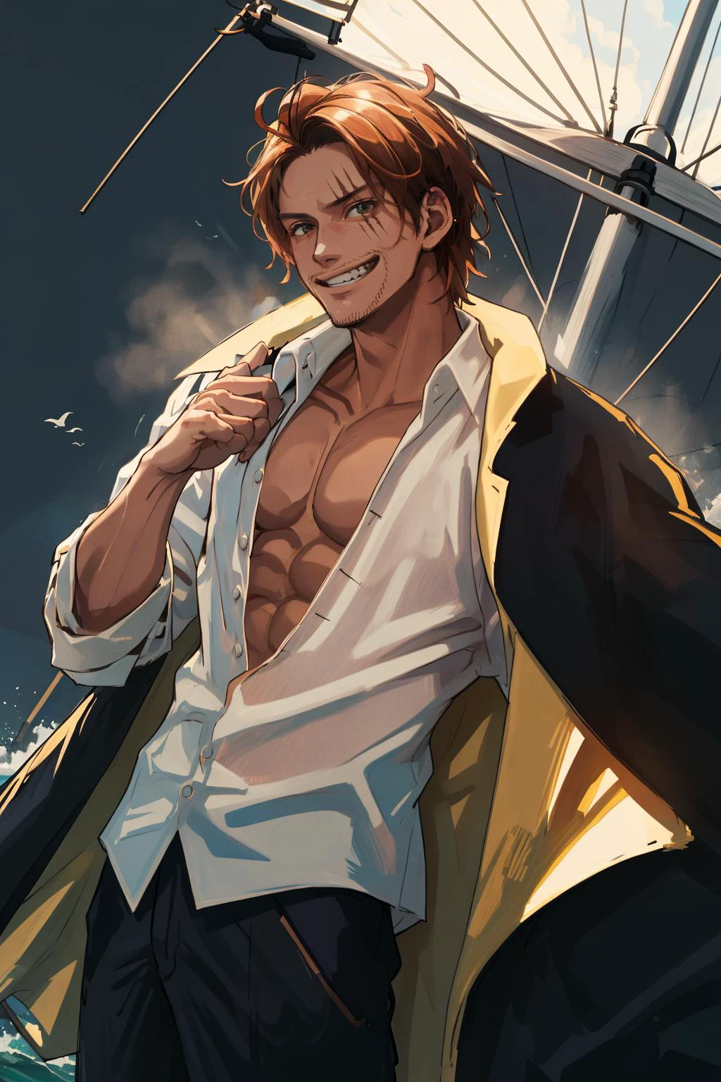 <lora:Shanks-10:0.8> Shnks, 1boy, cowboy shot, white shirt, pectorals, coat on shoulders, scar on face, grin, sailboat, beautiful lighting, dutch angle,, (masterpiece, best quality,absurdres: 1.2), perfect hands,
