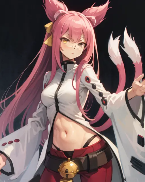 (masterpiece, best quality, high resolution),cowboy shot, 1girl, kokonoems, animal ears, cat ears, pince-nez, tail , cat tail, multiple tails, solo, pants, navel, belt, capri pants, <lora:KokonoeMS:1>