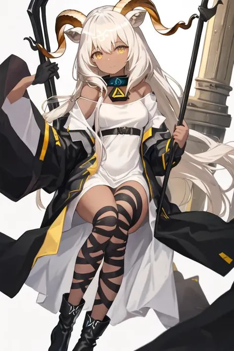 best quality, masterpiece, highres, solo, {beeswax_arknights:1.15}, horns, dark-skinned_female, dark_skin, animal_ears, goat_horns, goat_ears, white_hair, yellow_eyes, bangs, goat_girl, long_hair, hair_between_eyes, upper_body, infection_monitor_\(arknights\), 1girl, bare_shoulders, black_jacket, dress, jacket, long_sleeves, off_shoulder, open_clothes, open_jacket, staff, white_dress, collar, holding, holding_staff, off-shoulder_dress, black_footwear, looking_at_viewer, black_ribbon, boots, breasts, closed_mouth